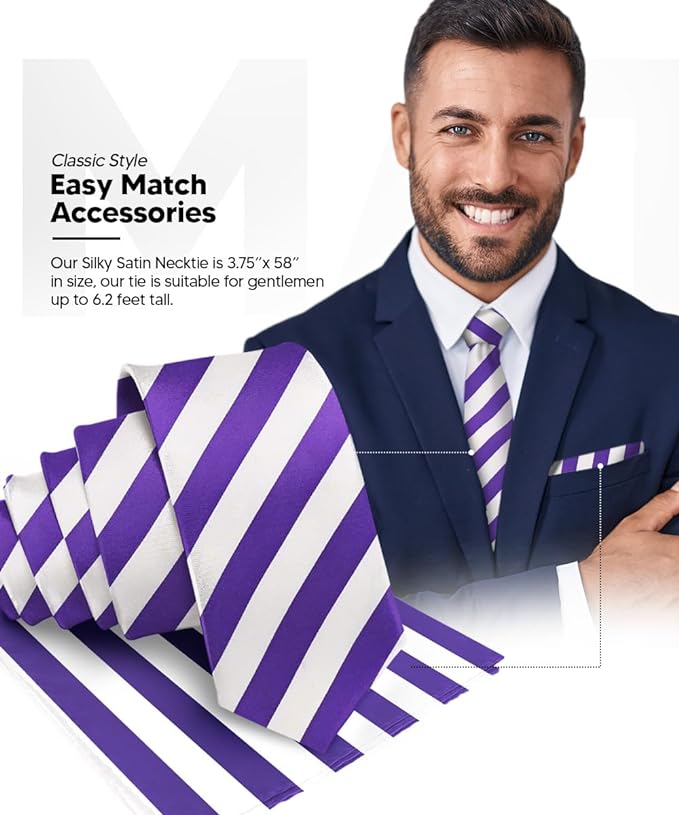 Vittorio Farina Men's Striped Satin Necktie & Pocket Square - Suits You Sir - Purple and White -