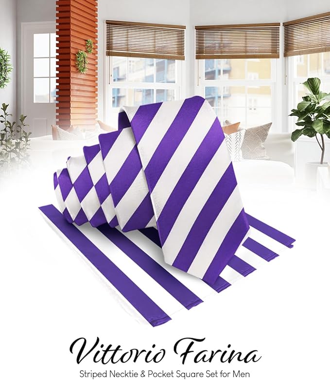 Vittorio Farina Men's Striped Satin Necktie & Pocket Square - Suits You Sir - Purple and White -