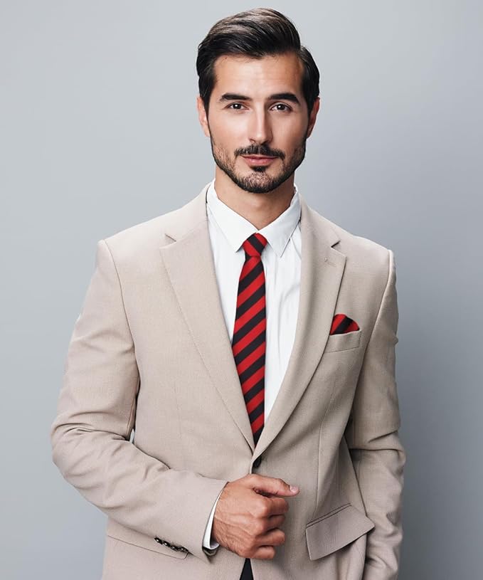Vittorio Farina Men's Striped Satin Necktie & Pocket Square - Suits You Sir - Red and Black -