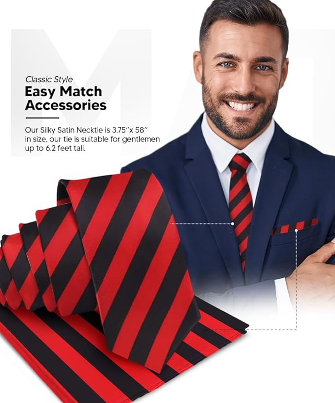 Vittorio Farina Men's Striped Satin Necktie & Pocket Square - Suits You Sir - Red and Black -