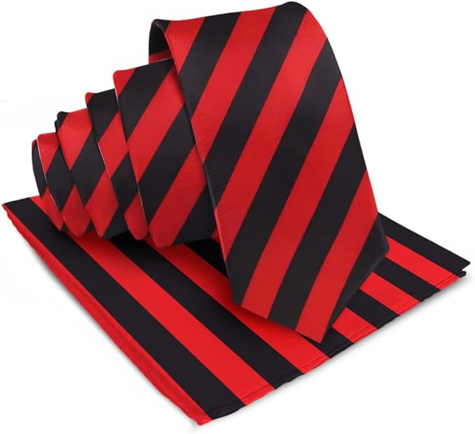 Vittorio Farina Men's Striped Satin Necktie & Pocket Square - Suits You Sir - Red and Black -