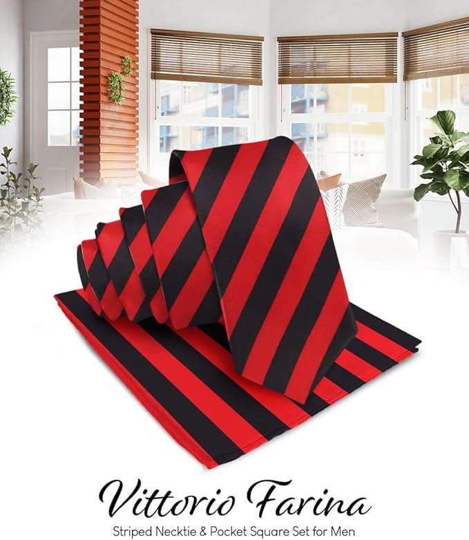 Vittorio Farina Men's Striped Satin Necktie & Pocket Square - Suits You Sir - Red and Black -