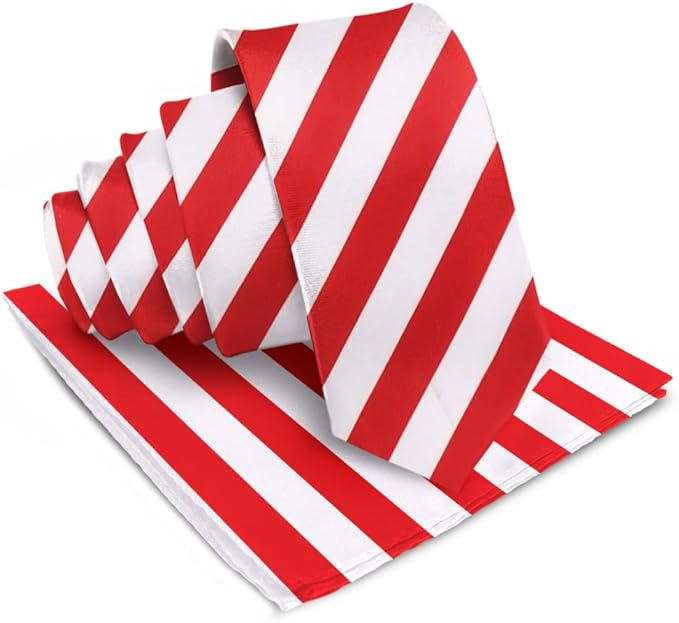 Vittorio Farina Men's Striped Satin Necktie & Pocket Square - Suits You Sir - Red and White -