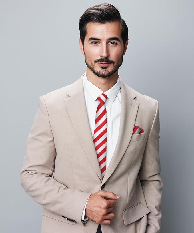 Vittorio Farina Men's Striped Satin Necktie & Pocket Square - Suits You Sir - Red and White -