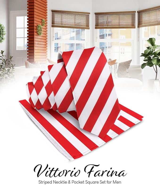 Vittorio Farina Men's Striped Satin Necktie & Pocket Square - Suits You Sir - Red and White -