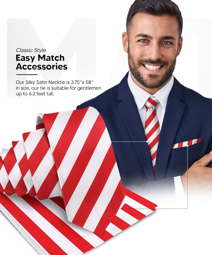 Vittorio Farina Men's Striped Satin Necktie & Pocket Square - Suits You Sir - Red and White -