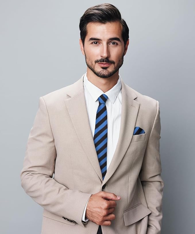 Vittorio Farina Men's Striped Satin Necktie & Pocket Square - Suits You Sir - Royal Blue and Black -