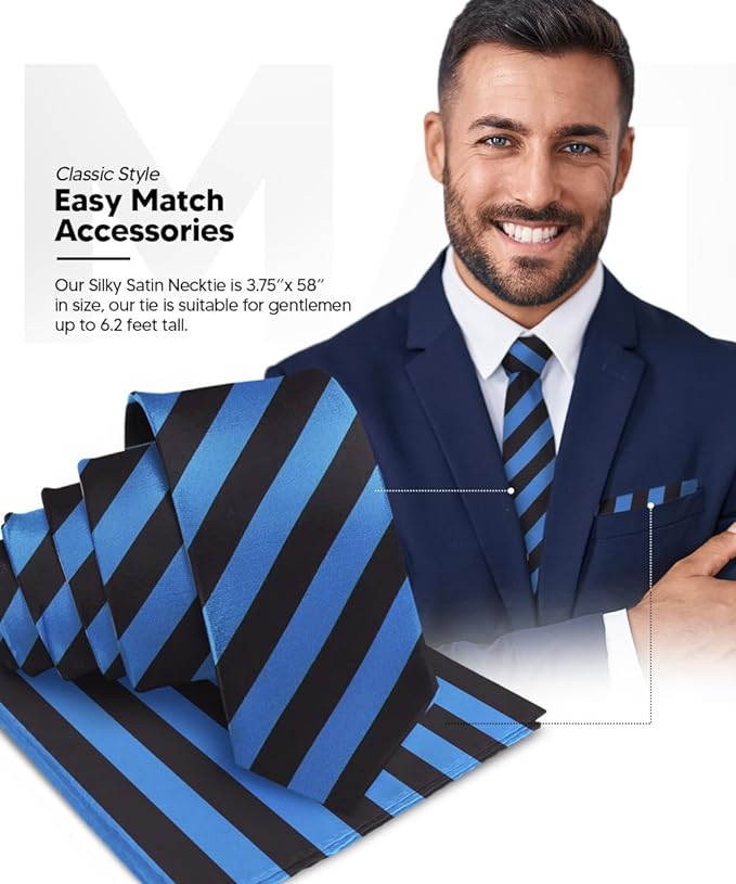 Vittorio Farina Men's Striped Satin Necktie & Pocket Square - Suits You Sir - Royal Blue and Black -