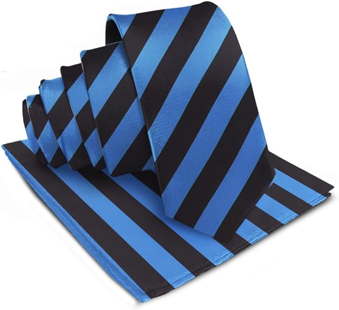 Vittorio Farina Men's Striped Satin Necktie & Pocket Square - Suits You Sir - Royal Blue and Black -