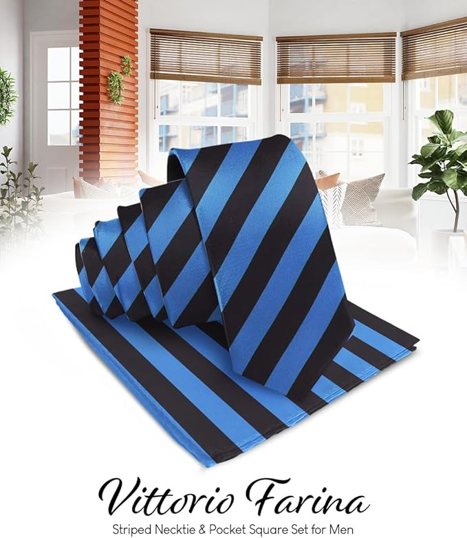 Vittorio Farina Men's Striped Satin Necktie & Pocket Square - Suits You Sir - Royal Blue and Black -