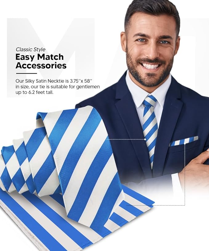 Vittorio Farina Men's Striped Satin Necktie & Pocket Square - Suits You Sir - Royal Blue and White -