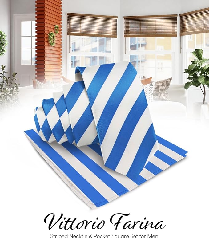 Vittorio Farina Men's Striped Satin Necktie & Pocket Square - Suits You Sir - Royal Blue and White -