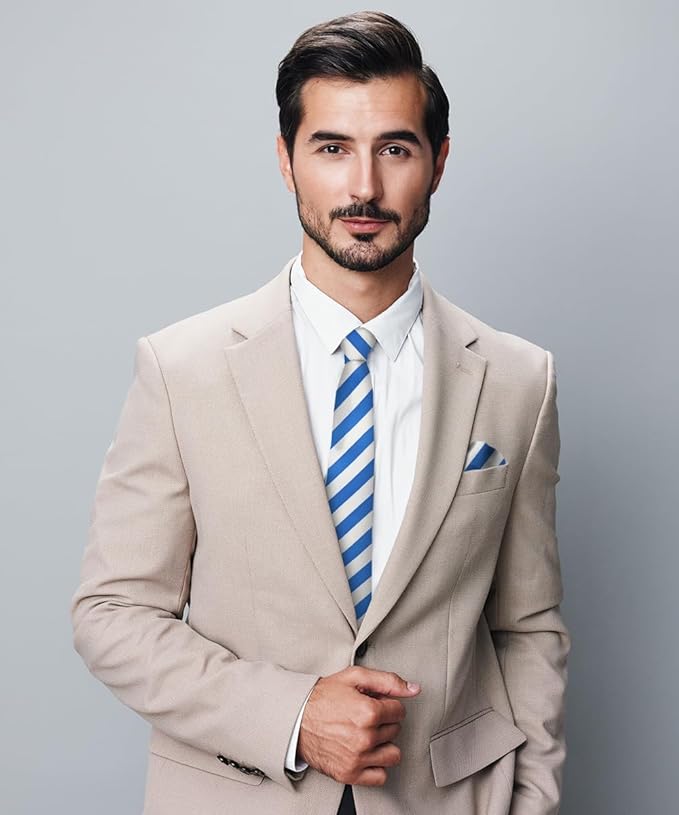 Vittorio Farina Men's Striped Satin Necktie & Pocket Square - Suits You Sir - Royal Blue and White -