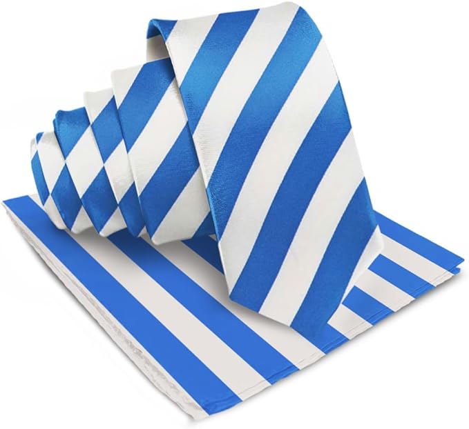 Vittorio Farina Men's Striped Satin Necktie & Pocket Square - Suits You Sir - Royal Blue and White -