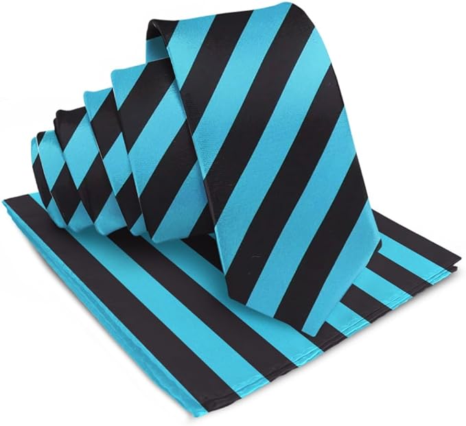 Vittorio Farina Men's Striped Satin Necktie & Pocket Square - Suits You Sir - Turquoise and Black -