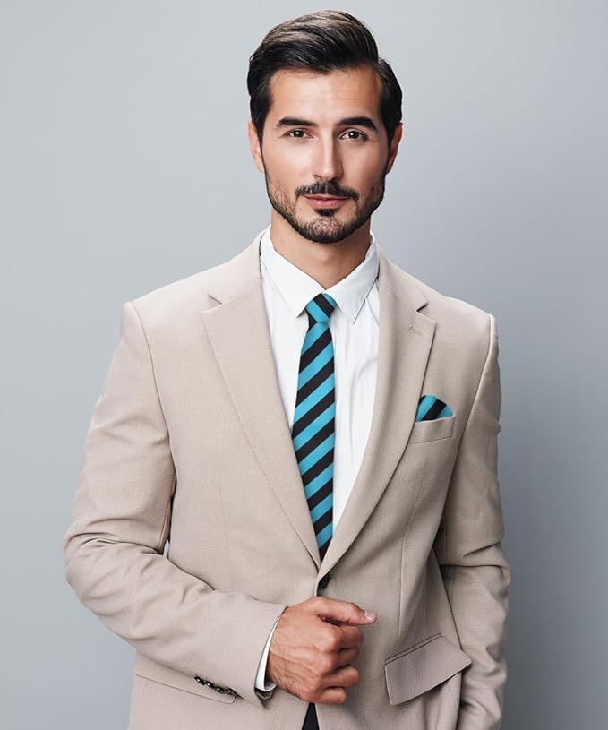 Vittorio Farina Men's Striped Satin Necktie & Pocket Square - Suits You Sir - Turquoise and Black -
