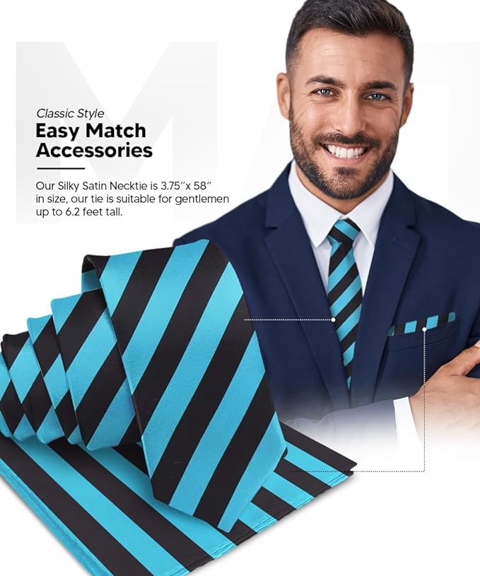 Vittorio Farina Men's Striped Satin Necktie & Pocket Square - Suits You Sir - Turquoise and Black -