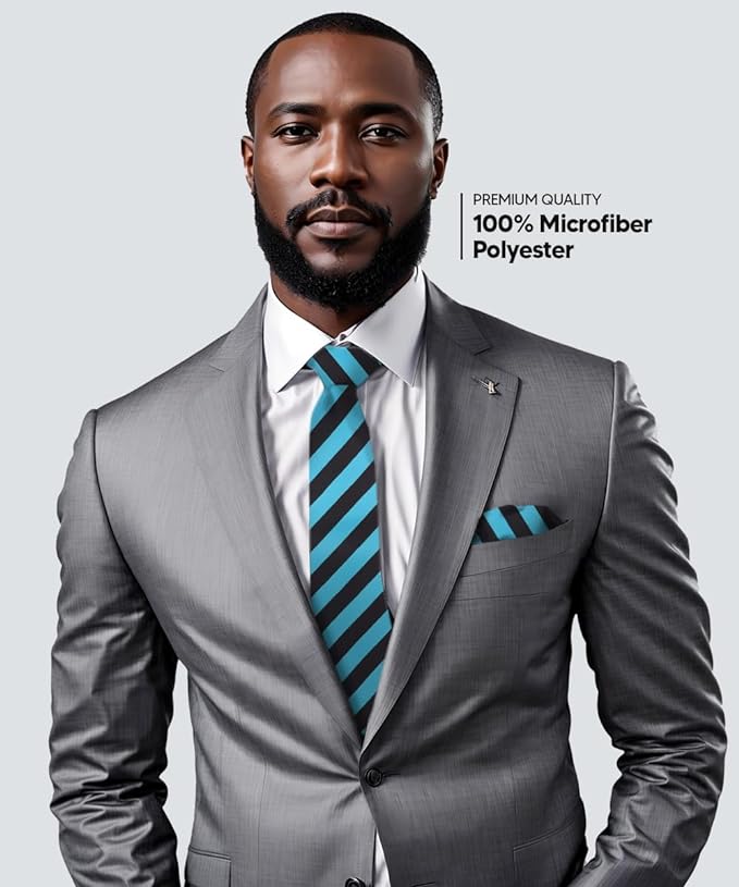 Vittorio Farina Men's Striped Satin Necktie & Pocket Square - Suits You Sir - Turquoise and Black -