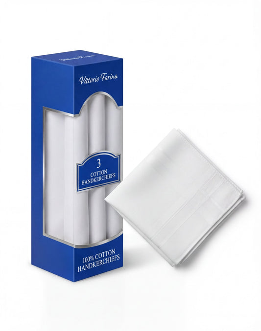 Vittorio Farina Men's White Cotton Handkerchiefs in Gift Box: 3, 6 & 12 Pack - 3 -