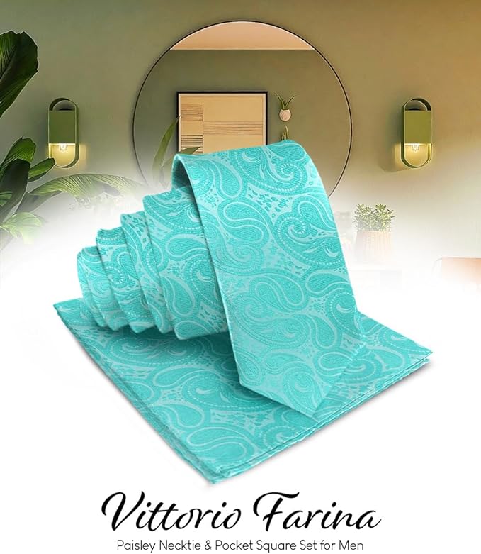 Vittorio Farina Men's Woven Paisley Necktie & Pocket Square - Suits You Sir - Aqua -