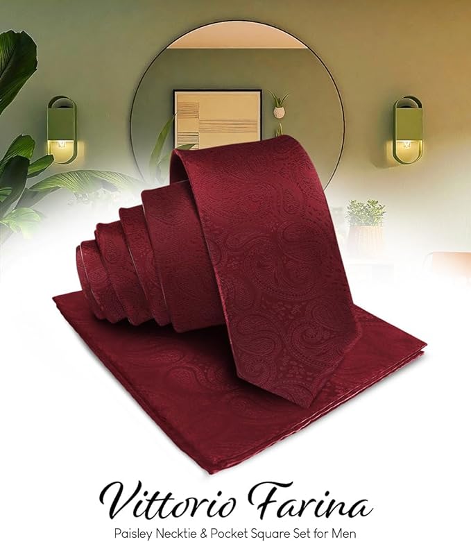 Vittorio Farina Men's Woven Paisley Necktie & Pocket Square - Suits You Sir - Burgundy -