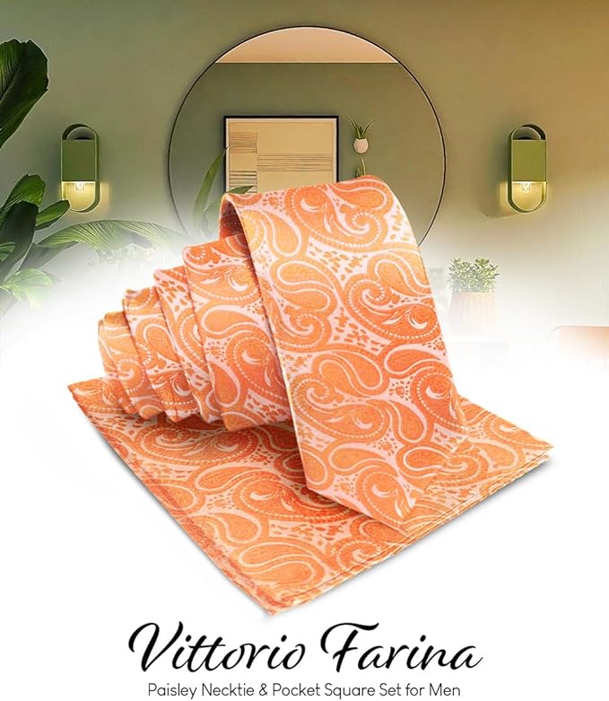 Vittorio Farina Men's Woven Paisley Necktie & Pocket Square - Suits You Sir - Burnt Orange -