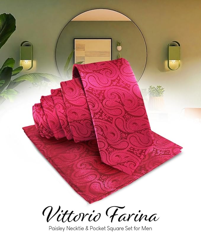 Vittorio Farina Men's Woven Paisley Necktie & Pocket Square - Suits You Sir - Hot Pink -
