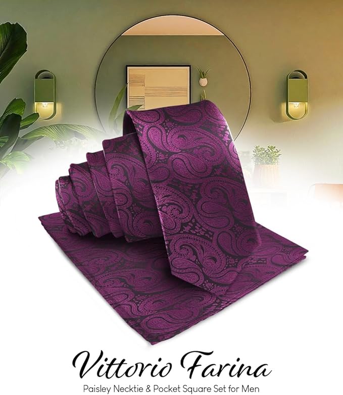 Vittorio Farina Men's Woven Paisley Necktie & Pocket Square - Suits You Sir - Plum -