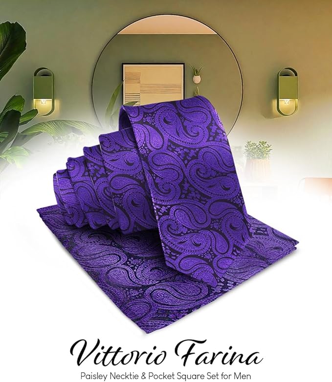 Vittorio Farina Men's Woven Paisley Necktie & Pocket Square - Suits You Sir - Purple -