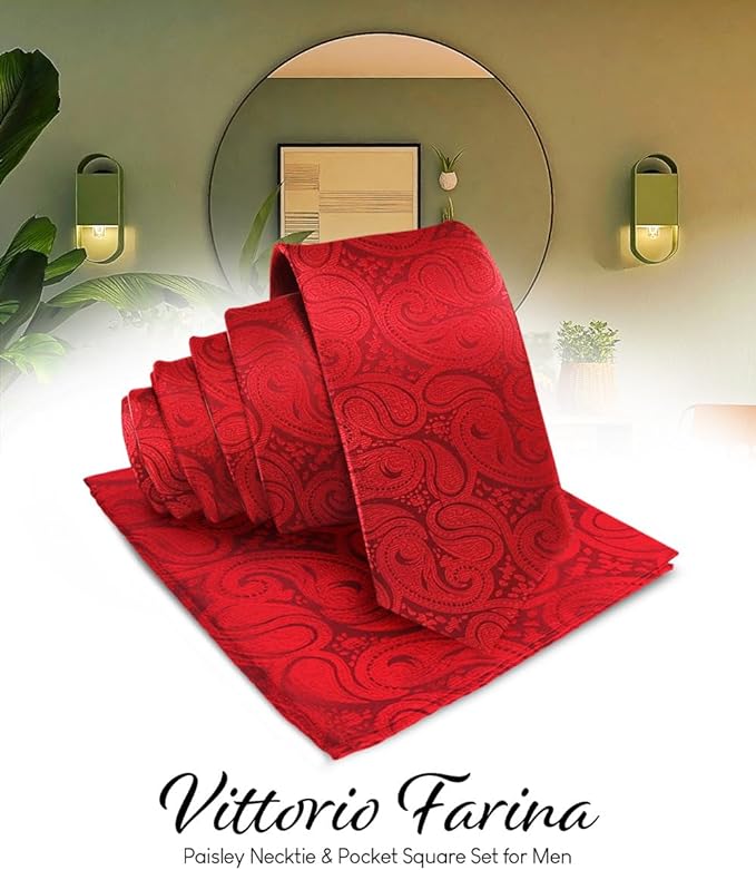 Vittorio Farina Men's Woven Paisley Necktie & Pocket Square - Suits You Sir - Red -
