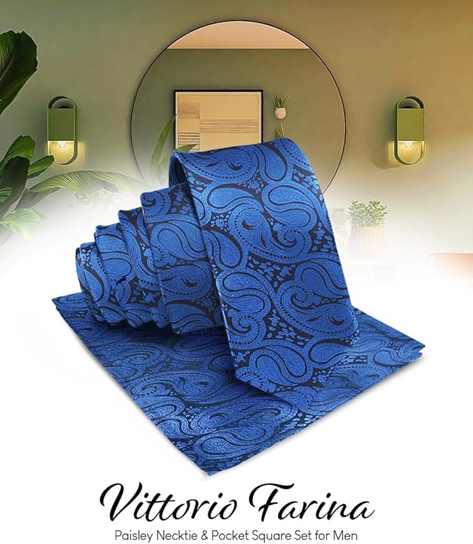 Vittorio Farina Men's Woven Paisley Necktie & Pocket Square - Suits You Sir - Royal Blue -