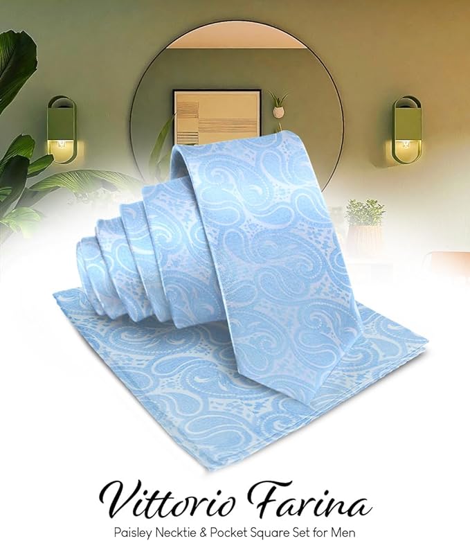 Vittorio Farina Men's Woven Paisley Necktie & Pocket Square - Suits You Sir - Sky Blue -