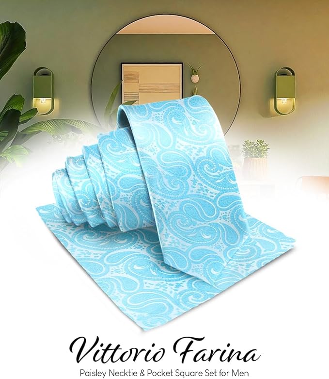Vittorio Farina Men's Woven Paisley Necktie & Pocket Square - Suits You Sir - Turquoise -