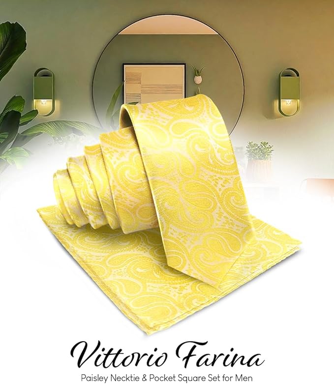 Vittorio Farina Men's Woven Paisley Necktie & Pocket Square - Suits You Sir - Yellow -