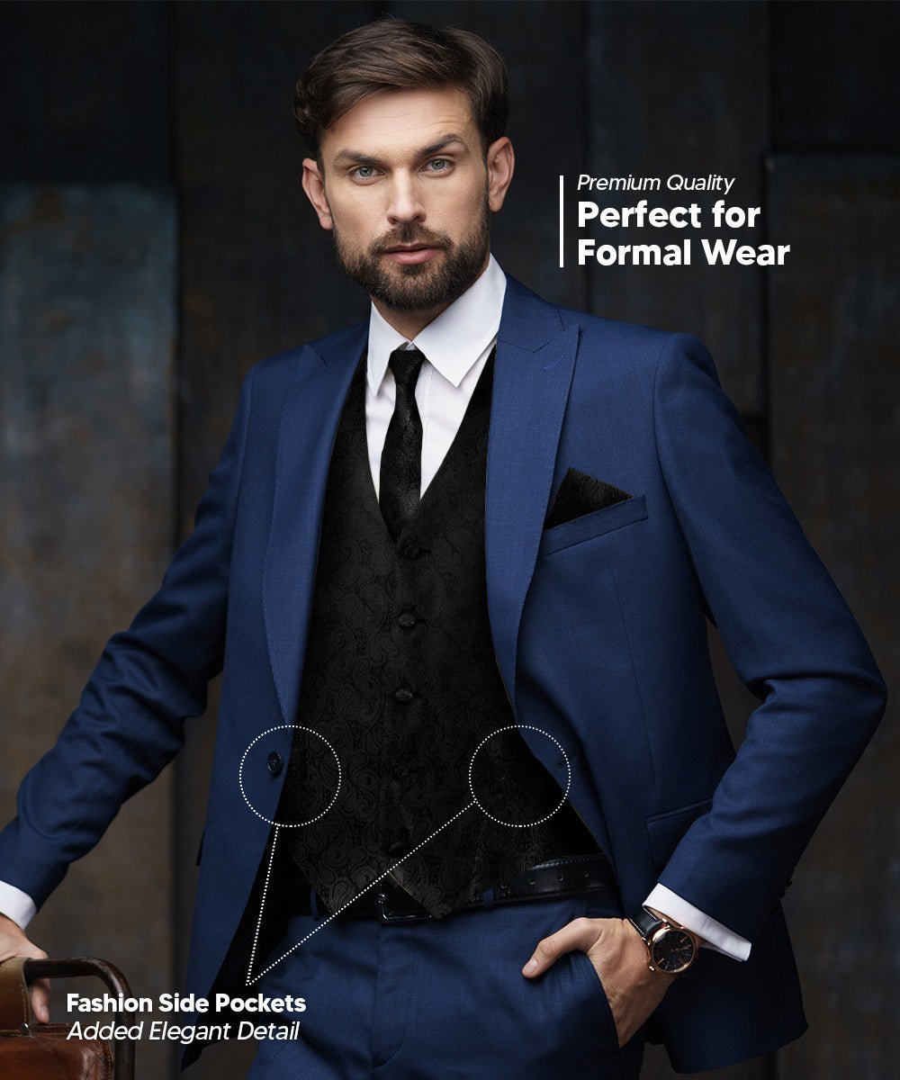 Vittorio Farina Men's Woven Paisley Vest, Necktie, Bow Tie and Pocket Square Set (Black Back) - Suits You Sir - Black - XS