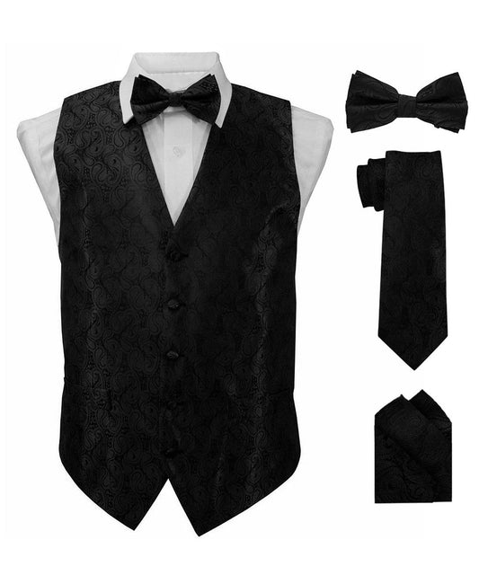 Vittorio Farina Men's Woven Paisley Vest, Necktie, Bow Tie and Pocket Square Set (Black Back) - Suits You Sir - Black - XS