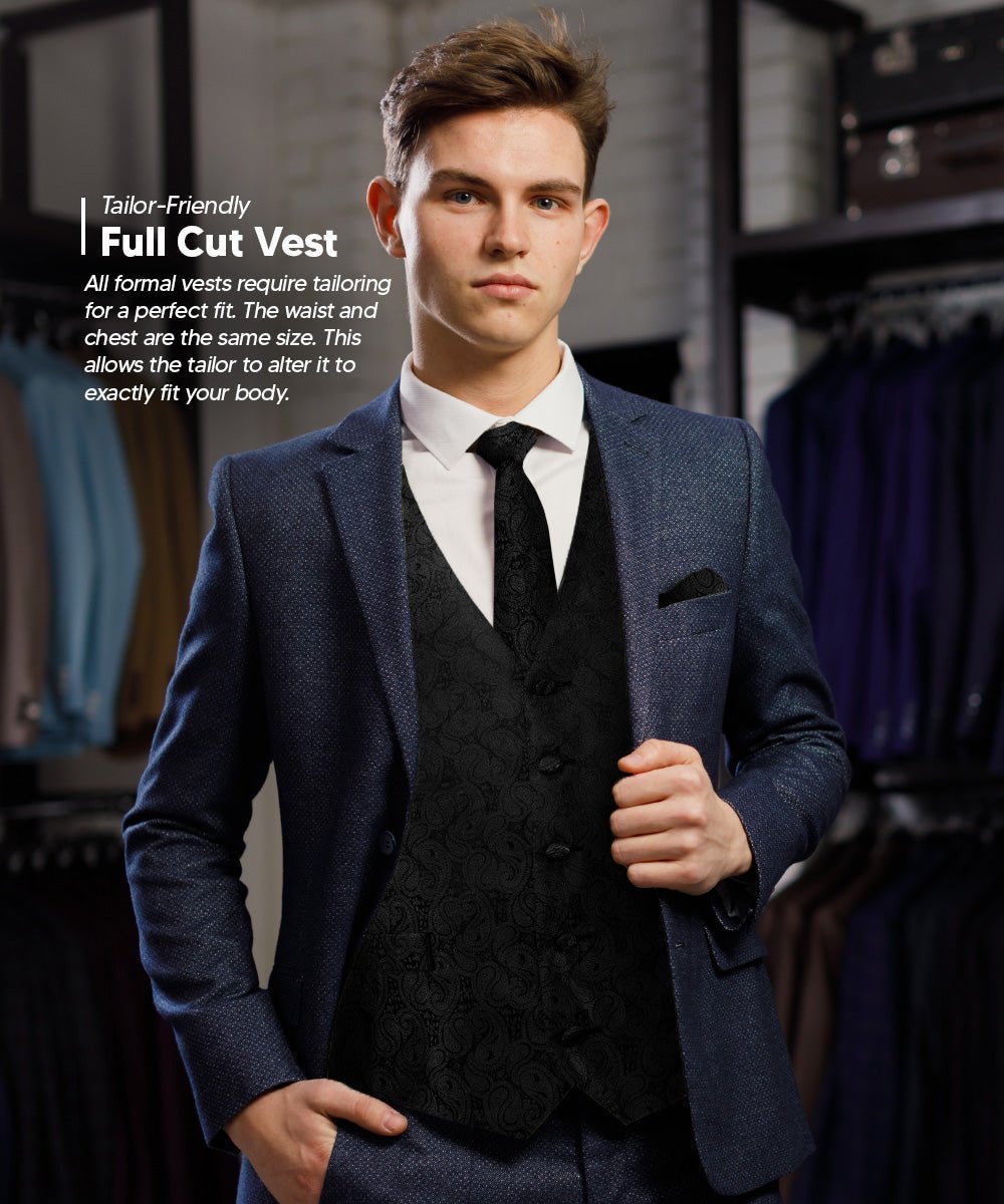 Vittorio Farina Men's Woven Paisley Vest, Necktie, Bow Tie and Pocket Square Set (Black Back) - Suits You Sir - Black - XS