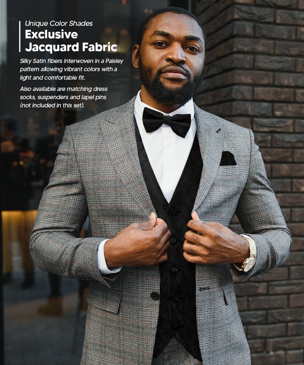 Vittorio Farina Men's Woven Paisley Vest, Necktie, Bow Tie and Pocket Square Set (Black Back) - Suits You Sir - Black - XS