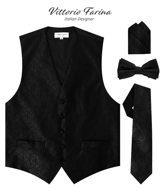 Vittorio Farina Men's Woven Paisley Vest, Necktie, Bow Tie and Pocket Square Set (Black Back) - Suits You Sir - Black - XS