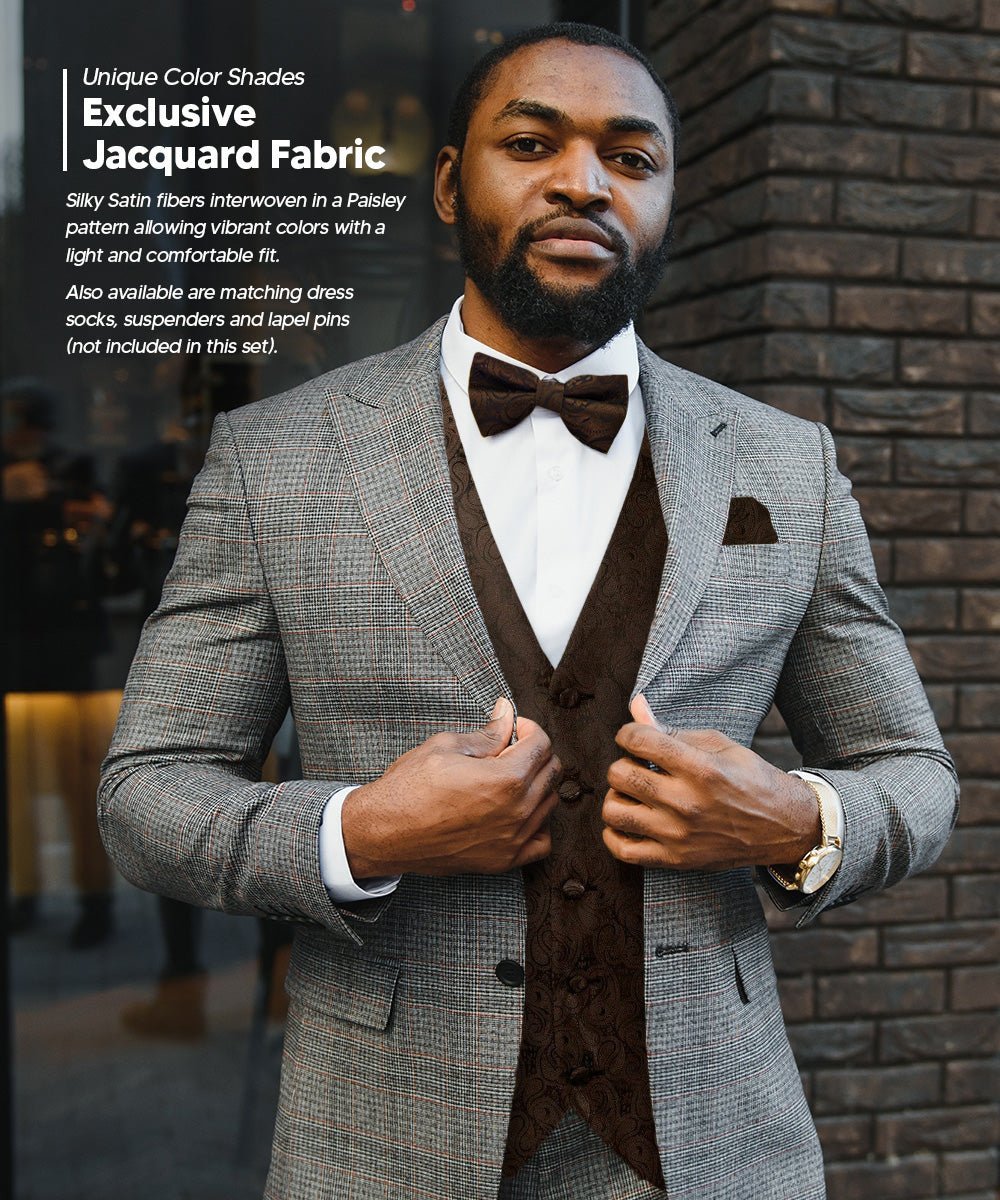 Vittorio Farina Men's Woven Paisley Vest, Necktie, Bow Tie and Pocket Square Set (Black Back) - Suits You Sir - Brown - XS