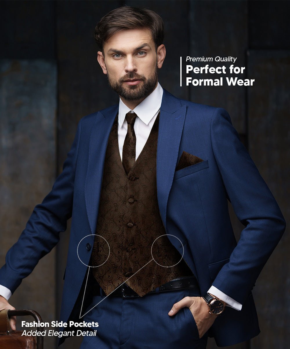 Vittorio Farina Men's Woven Paisley Vest, Necktie, Bow Tie and Pocket Square Set (Black Back) - Suits You Sir - Brown - XS