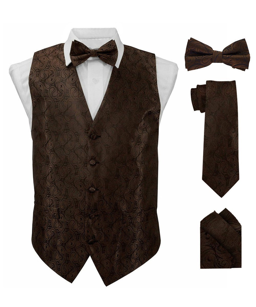 Vittorio Farina Men's Woven Paisley Vest, Necktie, Bow Tie and Pocket Square Set (Black Back) - Suits You Sir - Brown - XS