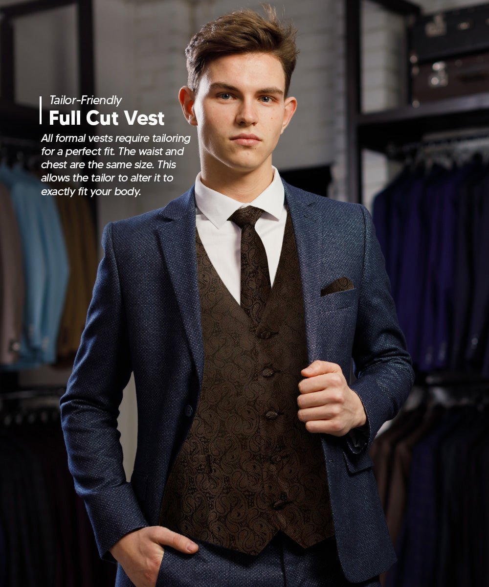 Vittorio Farina Men's Woven Paisley Vest, Necktie, Bow Tie and Pocket Square Set (Black Back) - Suits You Sir - Brown - XS