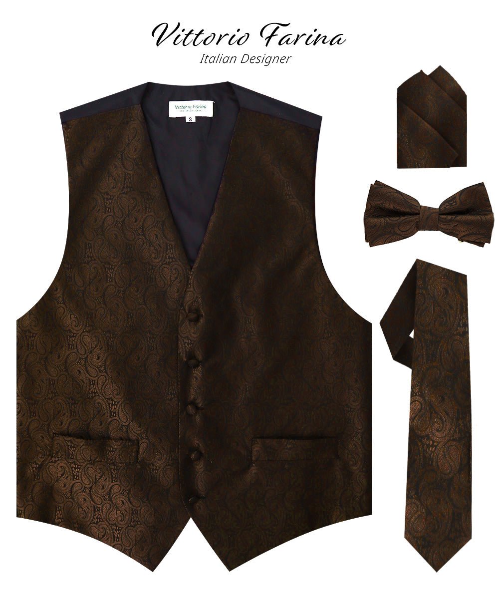 Vittorio Farina Men's Woven Paisley Vest, Necktie, Bow Tie and Pocket Square Set (Black Back) - Suits You Sir - Brown - XS