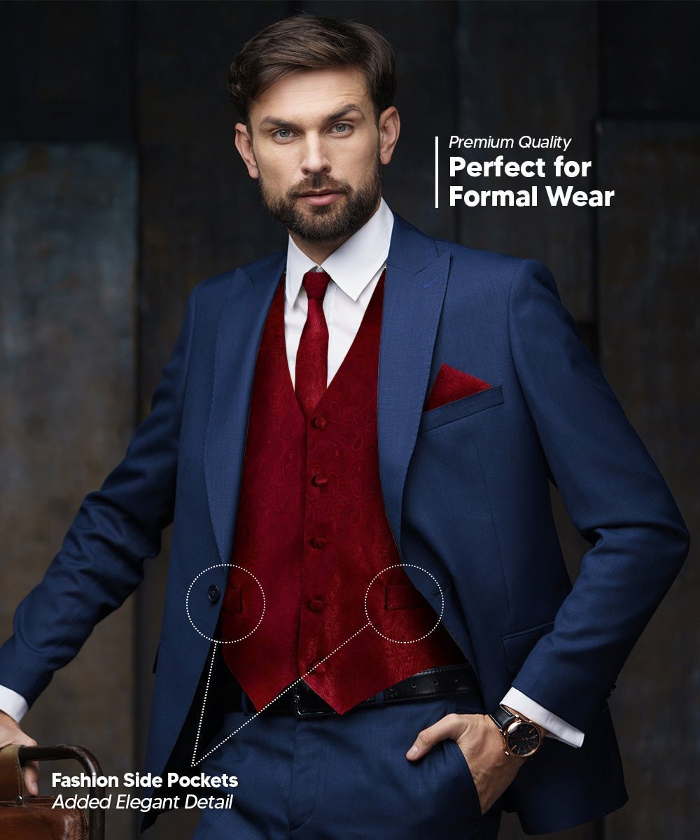 Vittorio Farina Men's Woven Paisley Vest, Necktie, Bow Tie and Pocket Square Set (Black Back) - Suits You Sir - Burgundy - XS