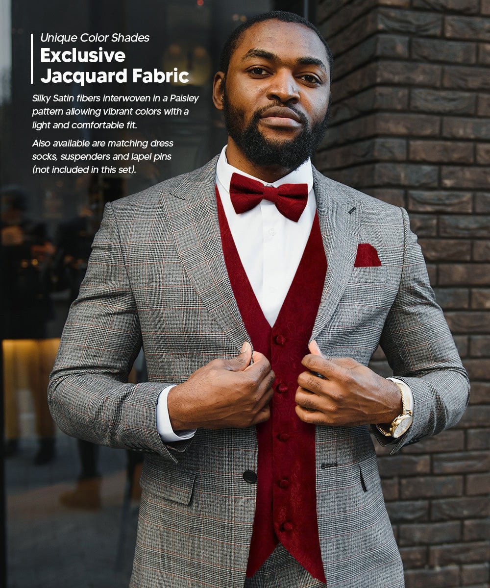 Vittorio Farina Men's Woven Paisley Vest, Necktie, Bow Tie and Pocket Square Set (Black Back) - Suits You Sir - Burgundy - XS