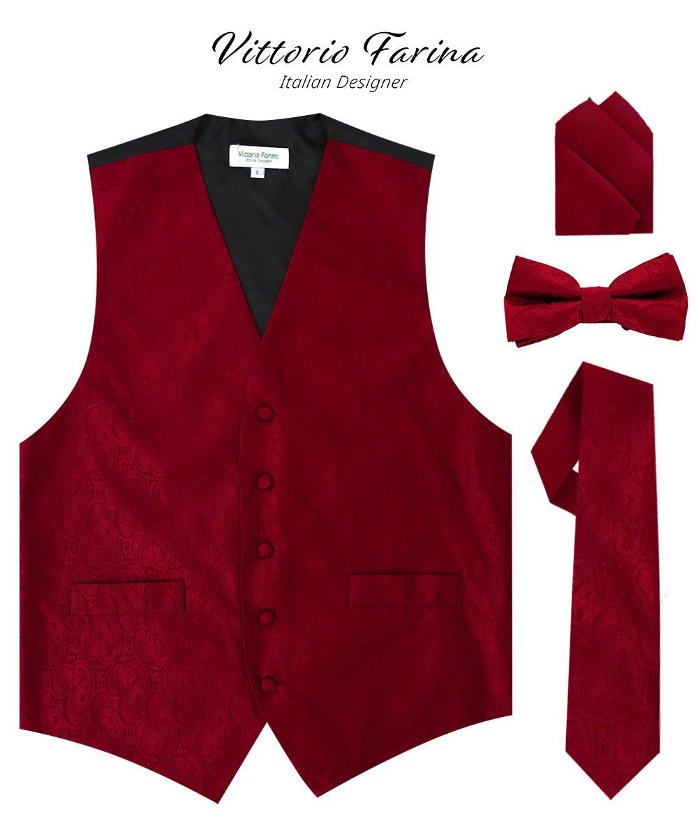 Vittorio Farina Men's Woven Paisley Vest, Necktie, Bow Tie and Pocket Square Set (Black Back) - Suits You Sir - Burgundy - XS