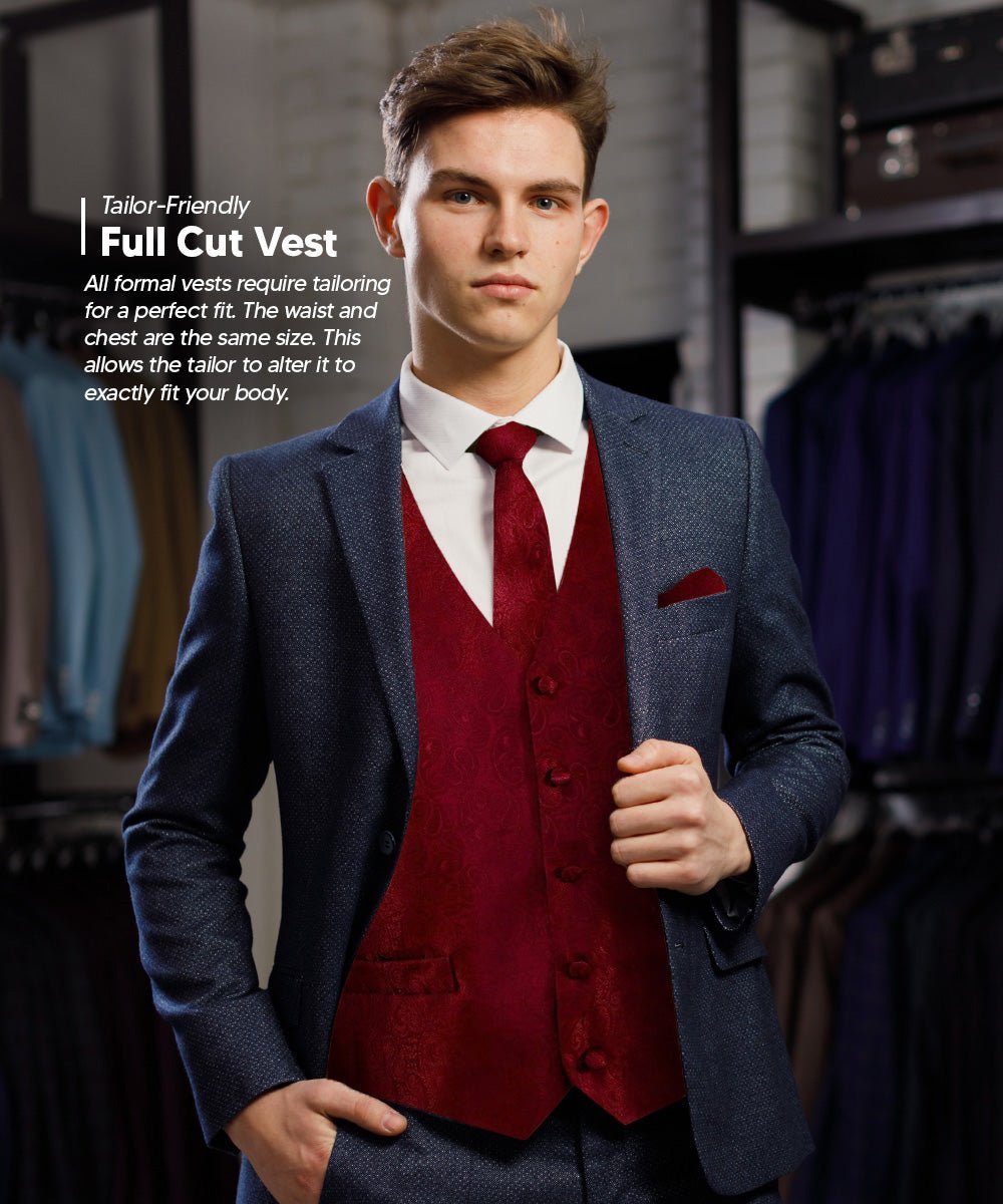 Vittorio Farina Men's Woven Paisley Vest, Necktie, Bow Tie and Pocket Square Set (Black Back) - Suits You Sir - Burgundy - XS