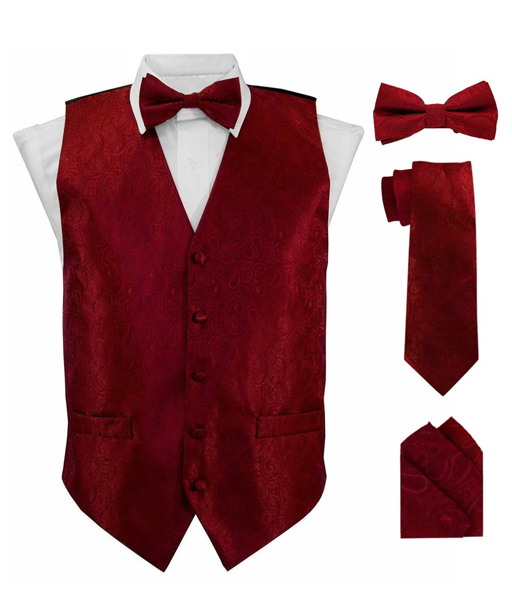 Vittorio Farina Men's Woven Paisley Vest, Necktie, Bow Tie and Pocket Square Set (Black Back) - Suits You Sir - Burgundy - XS