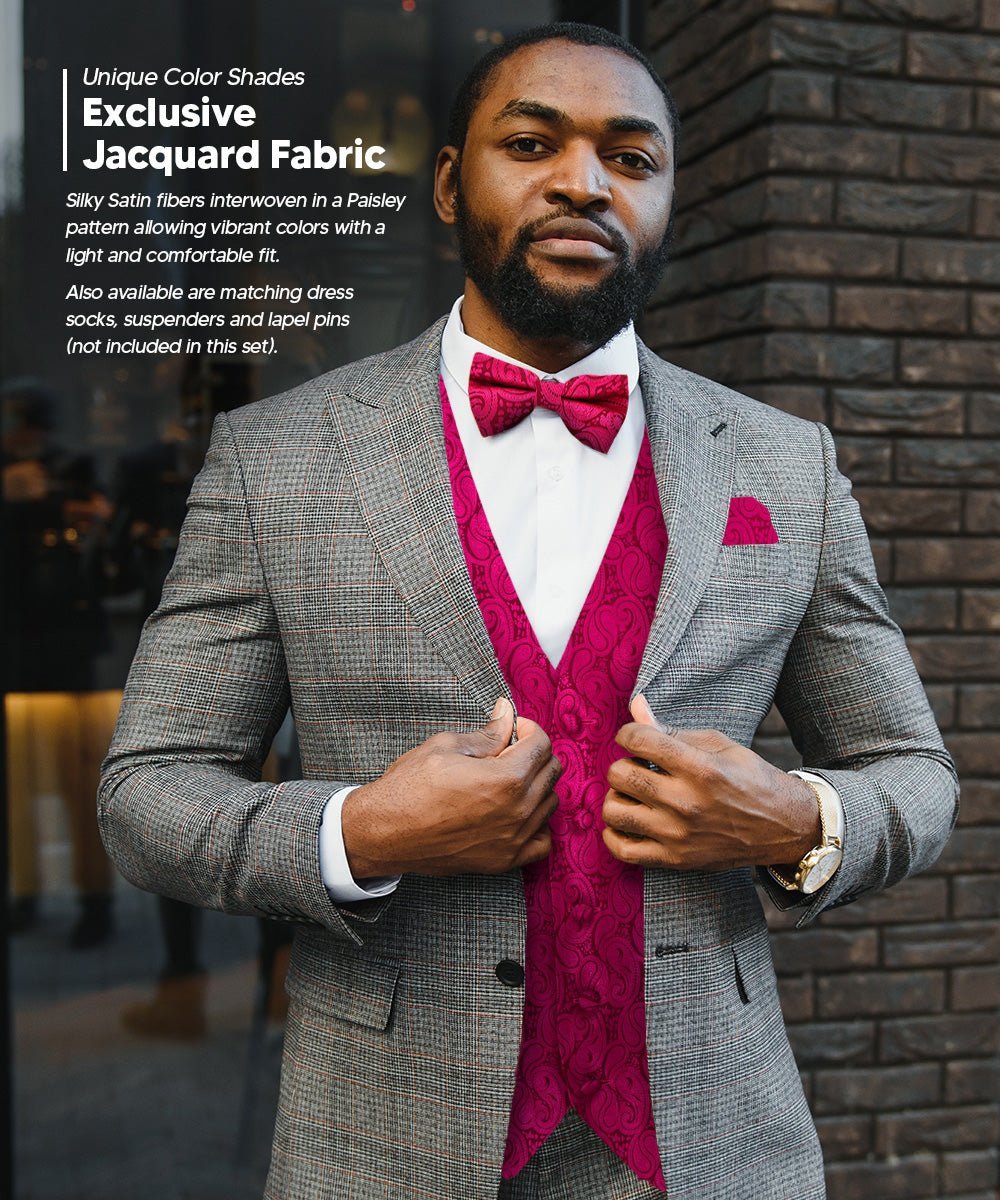 Vittorio Farina Men's Woven Paisley Vest, Necktie, Bow Tie and Pocket Square Set (Black Back) - Suits You Sir - Hot Pink - XS